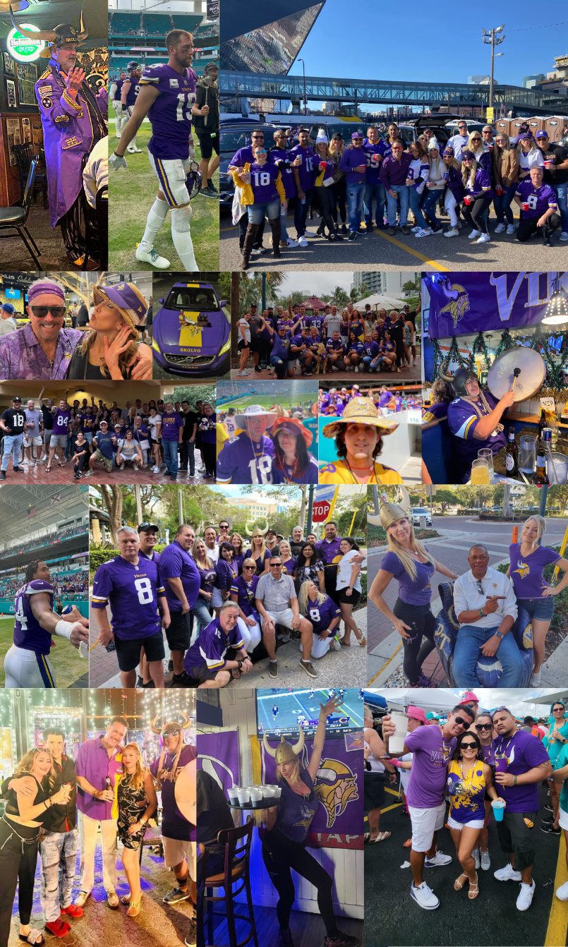 Miami Vikes - MN Vikings Fans Photo Collage 2022-2023 Season | Darrell Fullington | Nicholas Arias | John Laub | Roger Craft | Jay Shapiro | Tim Schmidt Wilhagen's Nashville | Mandeep Sodhi Talgate Party US Bank Stadium | Paul Vader | Justin Jefferson | Thielen | SOUTH FLORIDA magazine | Christine Cloutier | Skolvo Turbo | NOVA VIKES | 2023 Minnesota Vikings Superbowl Champs